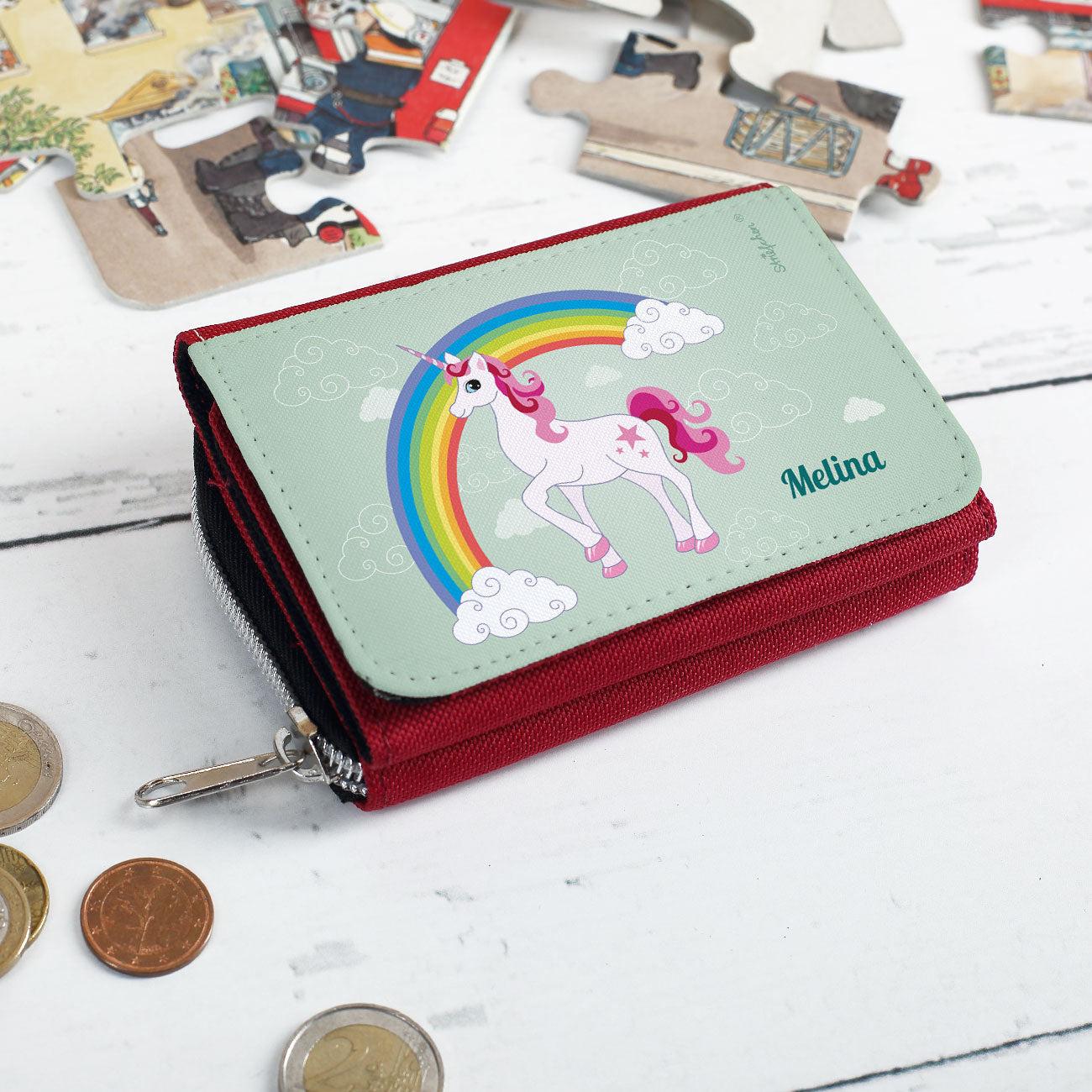 rote Einhorn-Geldbörse mit Name für Kinder