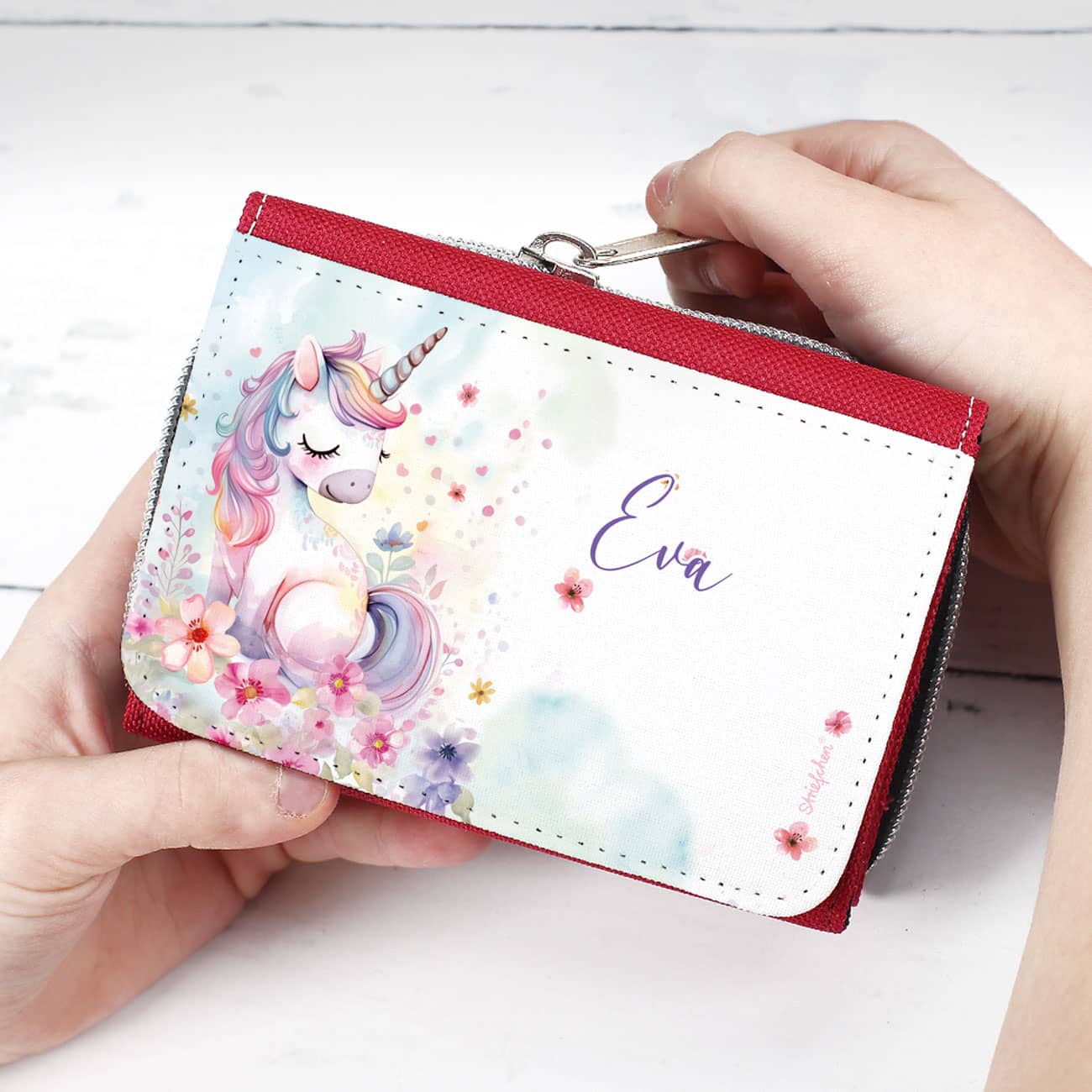Kinder-Geldbörse mit Einhorn-Motiv, Blumen  und Name