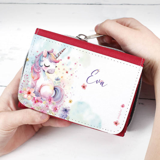 Kinder-Geldbörse mit Einhorn-Motiv, Blumen  und Name