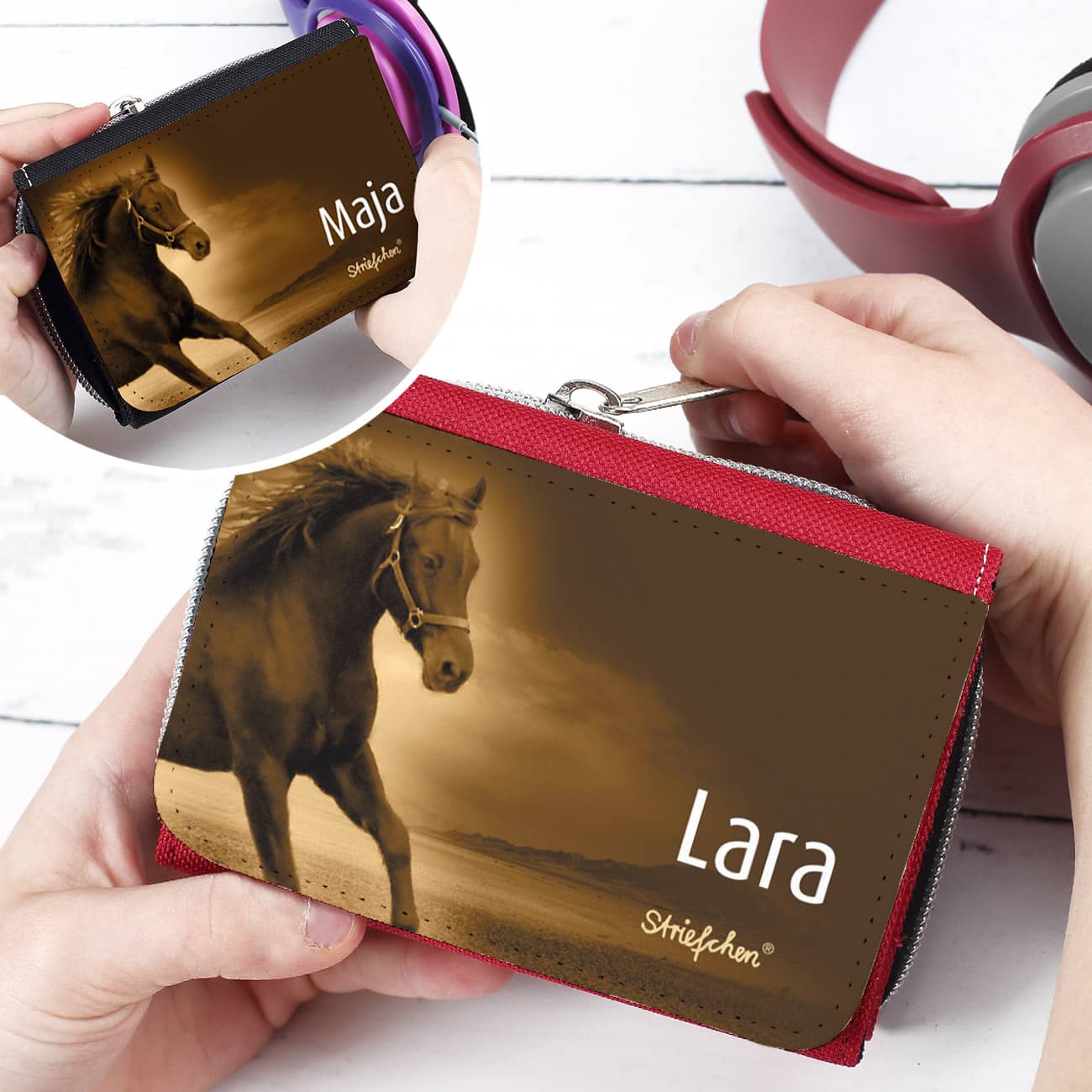 rote oder schwarze Geldbörse mit Pferd und Wunschname