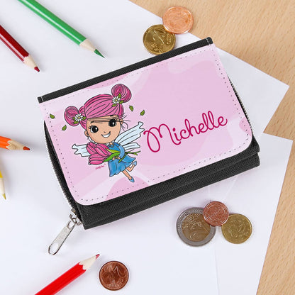 Schwarze Geldbörse mit niedlicher Tulpenfee als Motiv und mit Name personalisiert