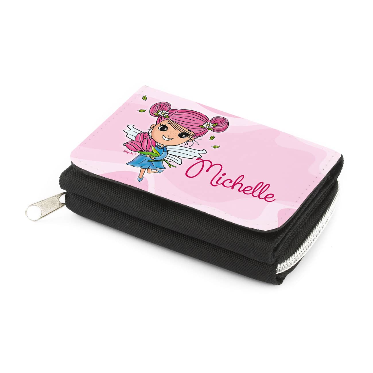 Schwarze Geldbörse mit Tulpenfee Motiv mit Name nach Wunsch personalisiert