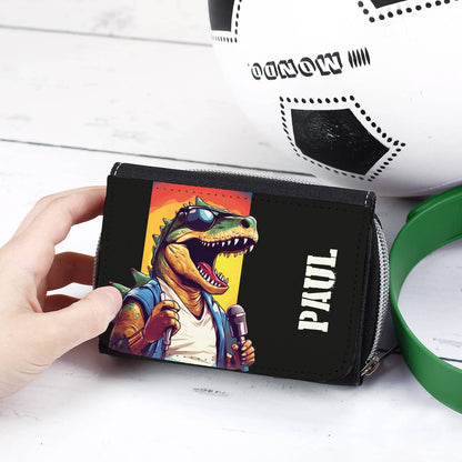 Freche Geldbörse für Kinder mit rockenden Sänger-Dino und Name