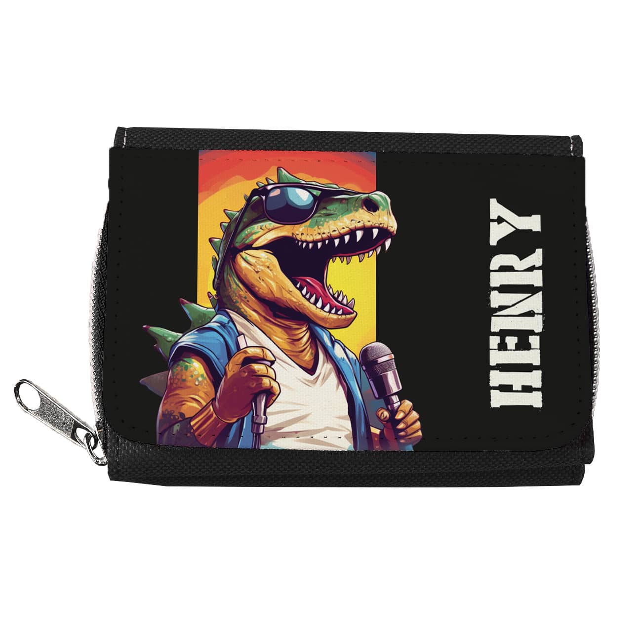 Freche Geldbörse für Kinder mit rockenden Sänger-Dino und Name