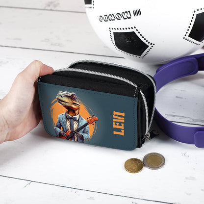 Kindergeldbörse mit coolen Dino und Namensaufdruck als Geschenk zur Einschulung