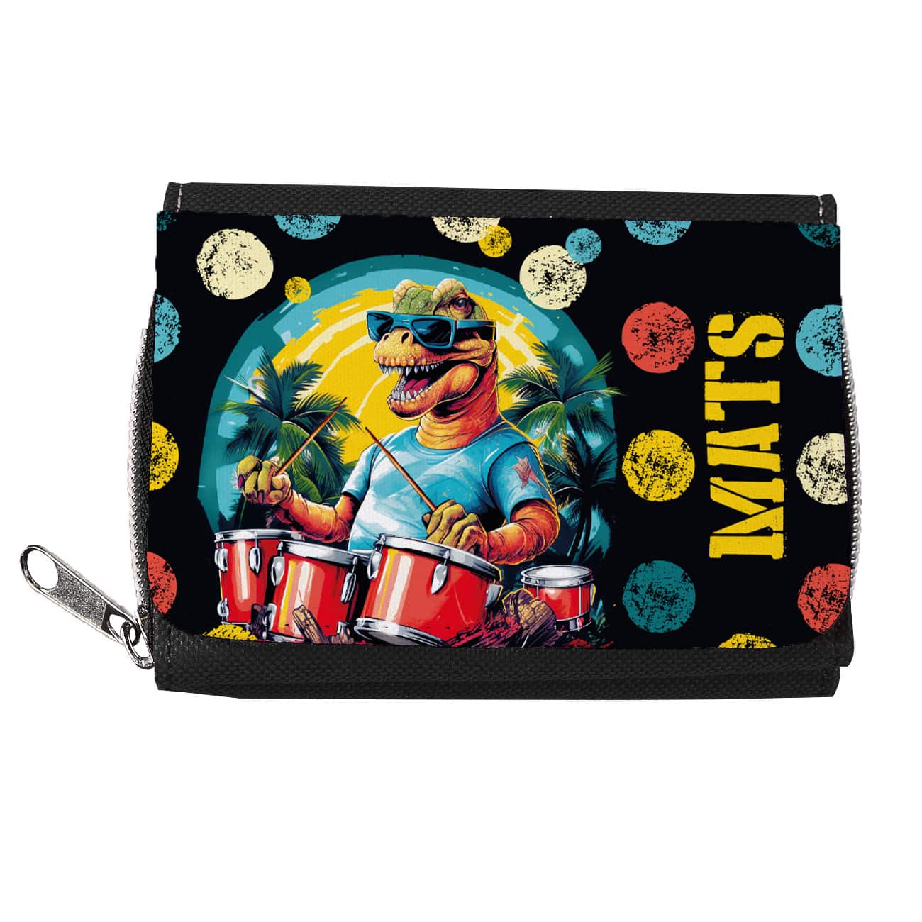 Geldbörse zum Schulanfang mit Dinosaurier am Schlagzeug und einem Namen Ihrer Wahl