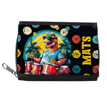 Geldbörse zum Schulanfang mit Dinosaurier am Schlagzeug und einem Namen Ihrer Wahl