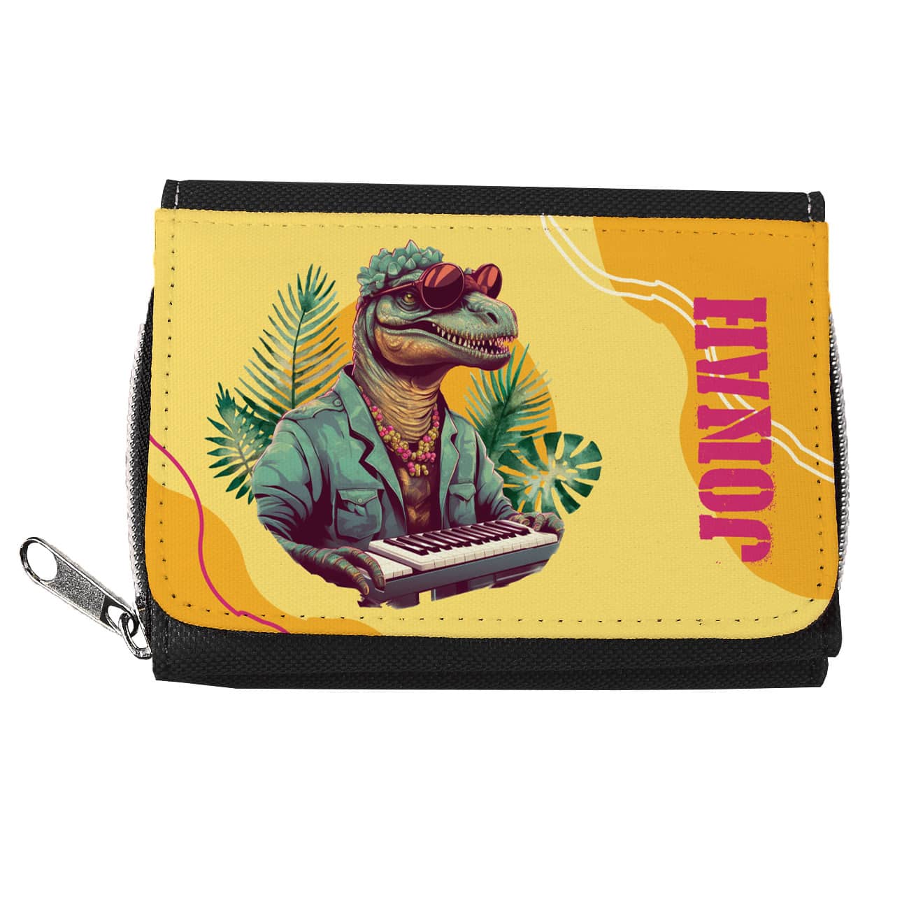 Modernes Kinderportemonnaie mit funky Dinosaurier am Keyboard mit Ihrem Wunschnamen