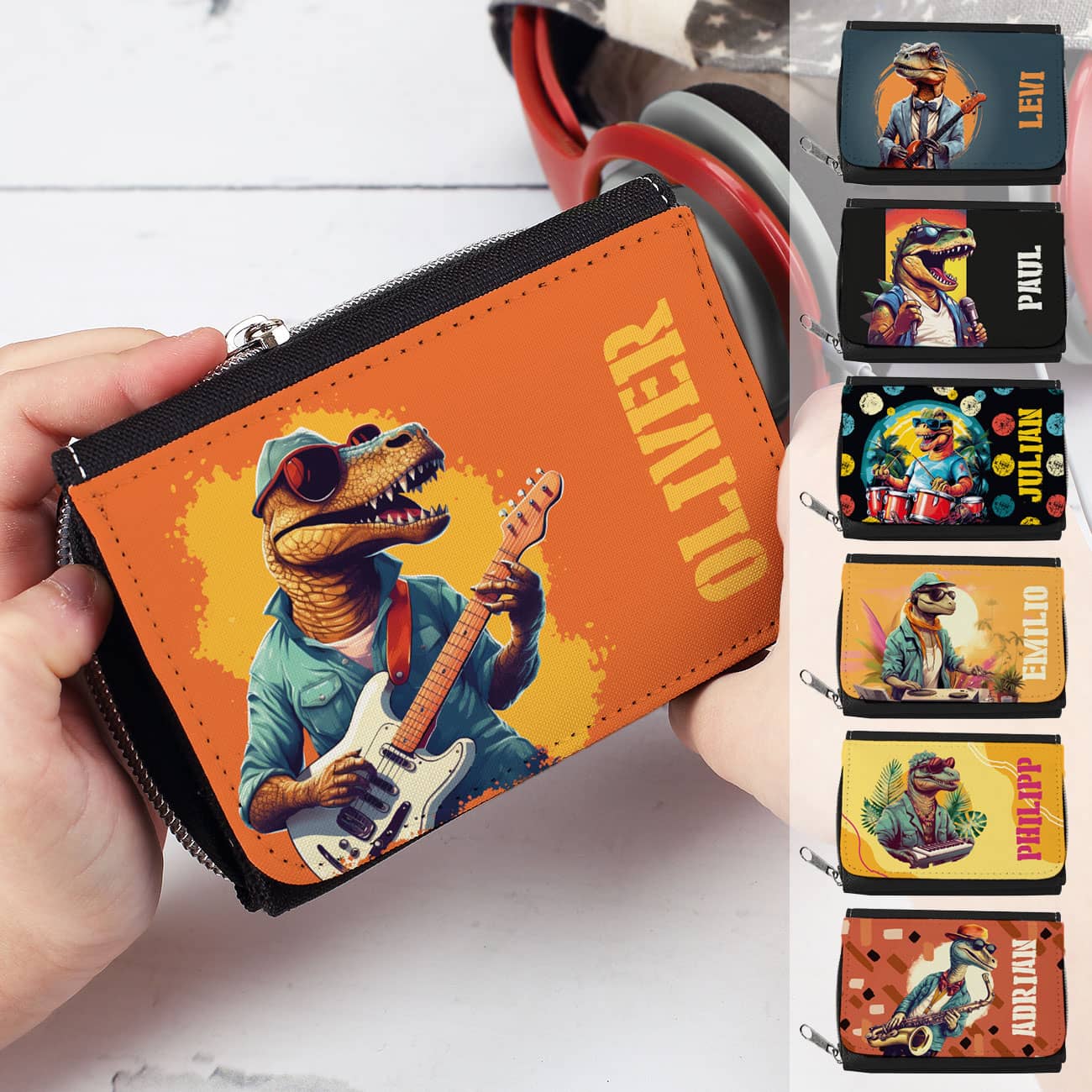 Geldbörse mit coolen Crazy-Dinos, Wunschname und sieben Motiven zur Auswahl