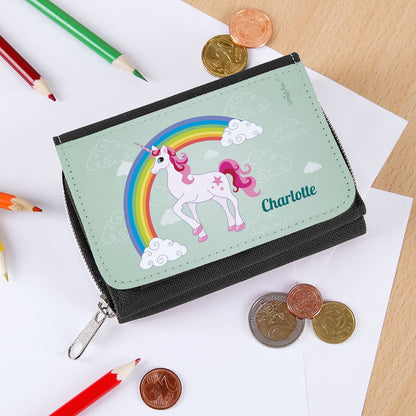 schwarze Einhorn-Geldbörse mit Name für Kinder