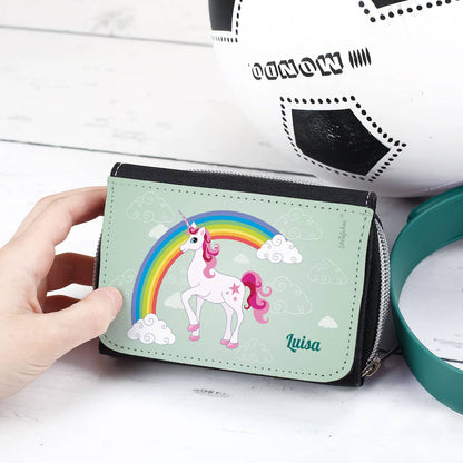 personalisierte Kinder-Geldbörse in schwarz mit Einhorn-Aufdruck
