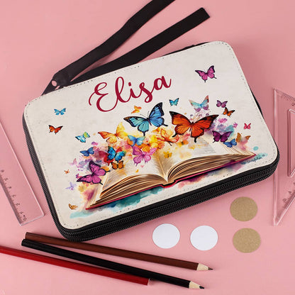 Persönliche Federmappe mit Schmetterlingen und Buchmotiv bedruckt