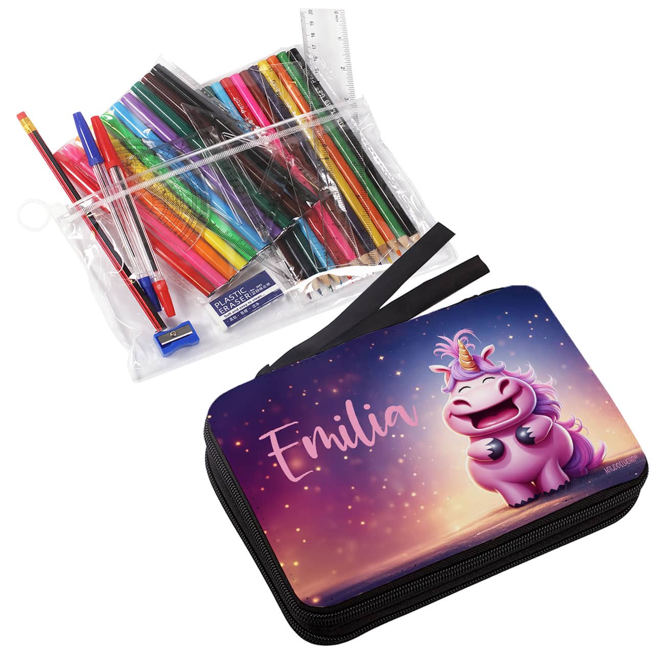 Personalisierte Knuddelhorn-Federmappe und Zubehör für Kinder