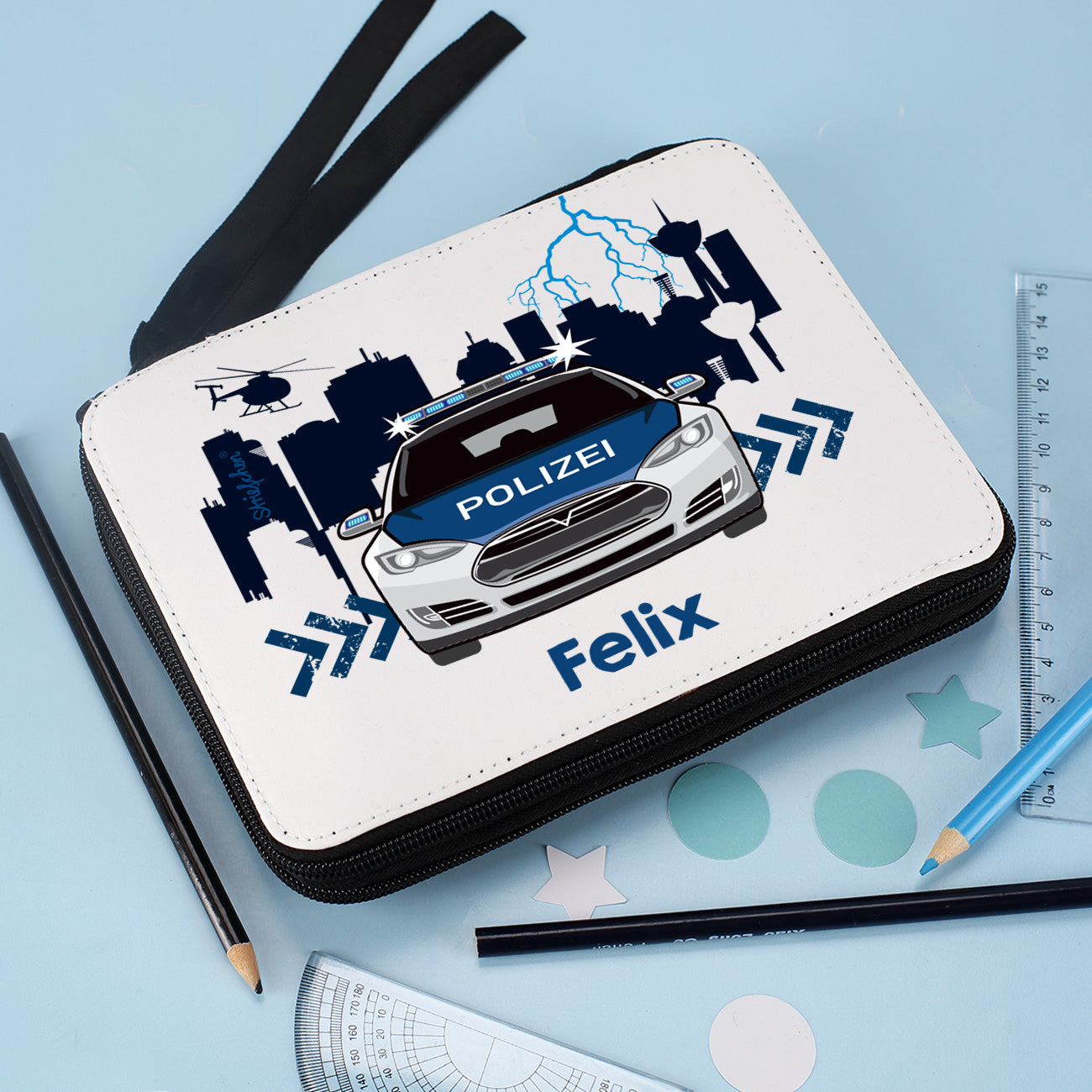 Bedruckte Federmappe mit Polizeimotiv