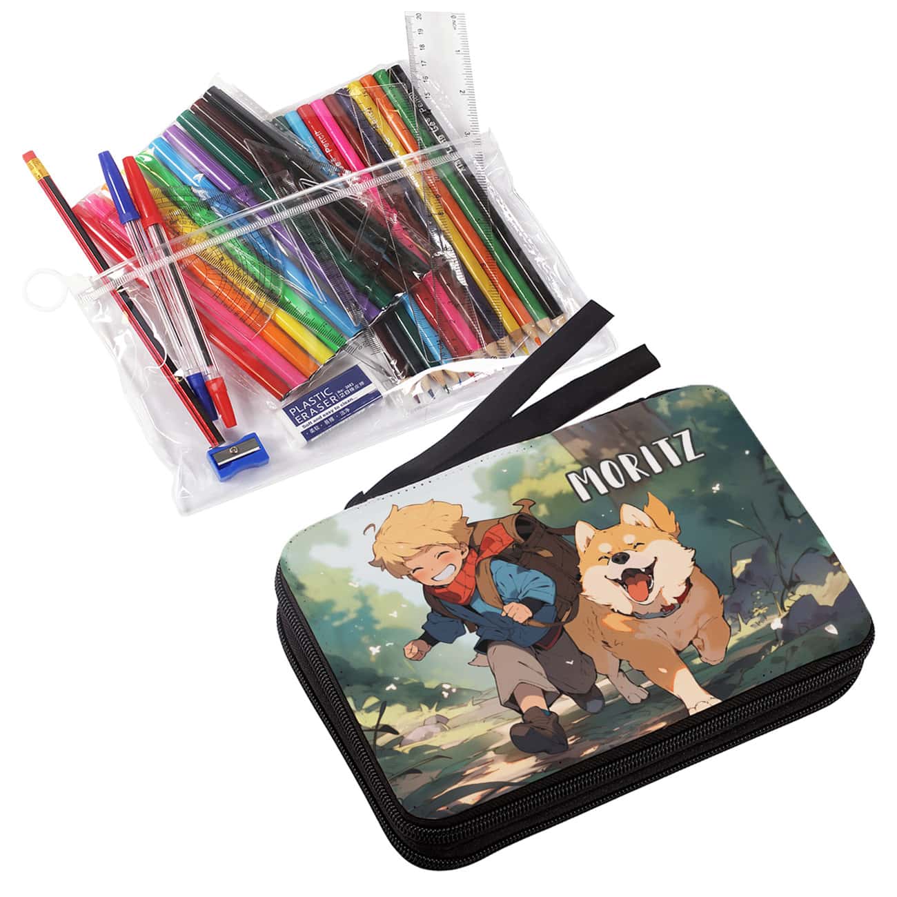 Gefüllte Federmappe - Aufbruch zum Abendteuer - mit kleinem Jungen, Hund und Name