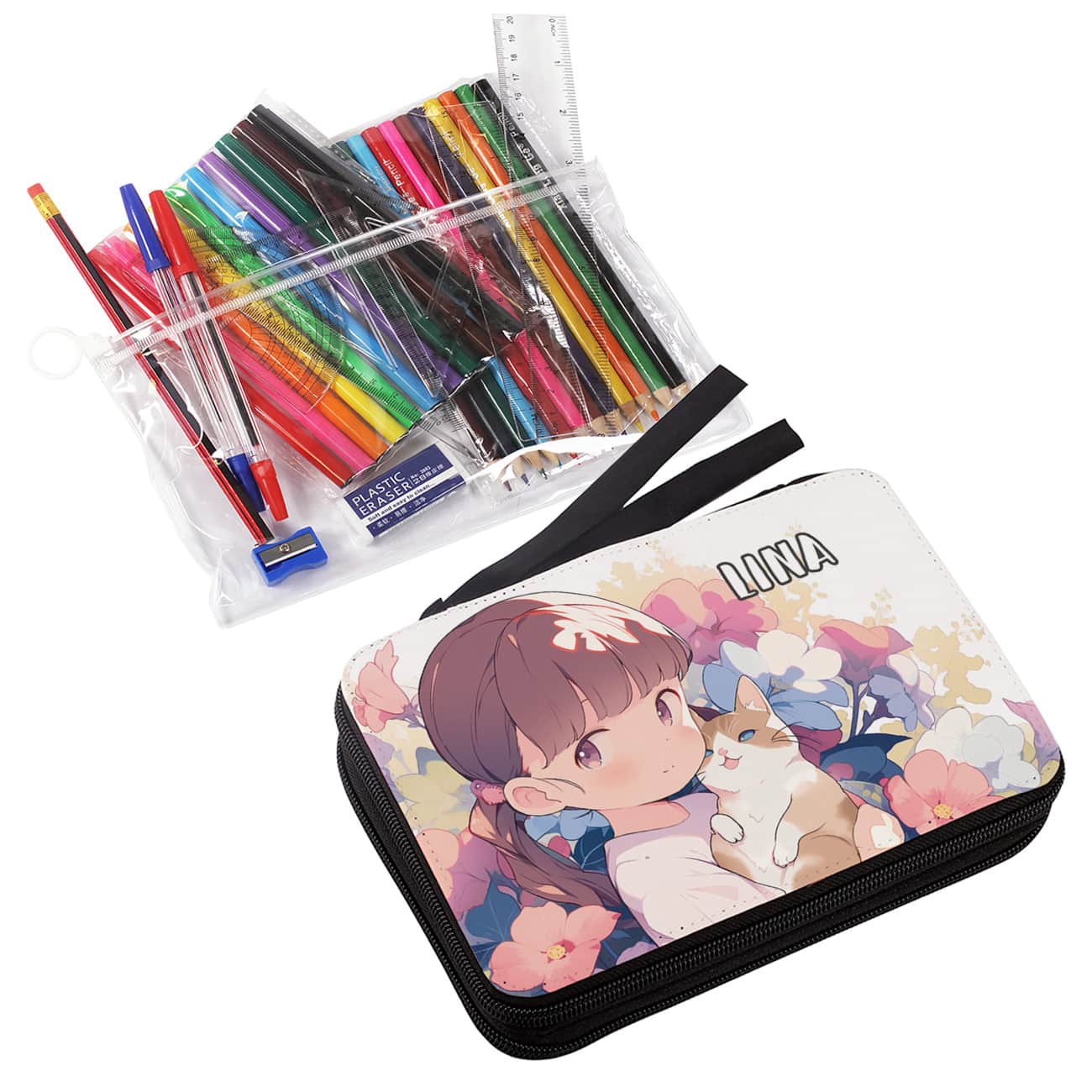 Hübsche Federmappe mit Blüten und Mädchen mit Katze