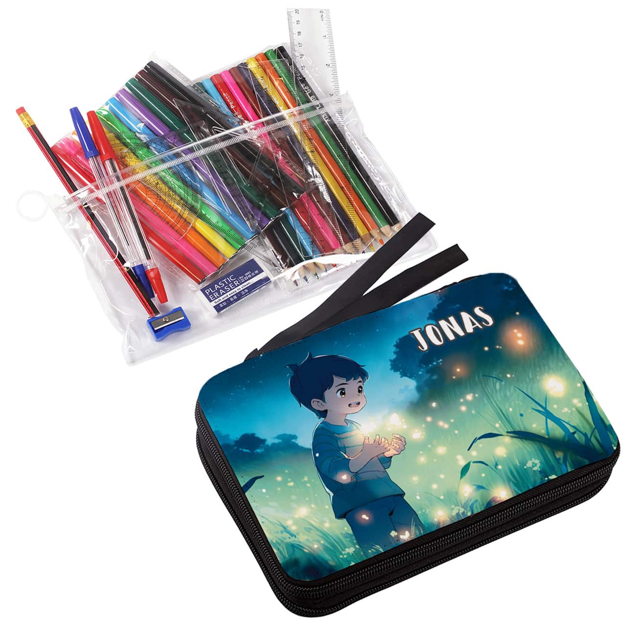 Gefüllte Federmappe mit tollen Anime - Motiv "Junge auf der Glühwürmchen-Wiese"