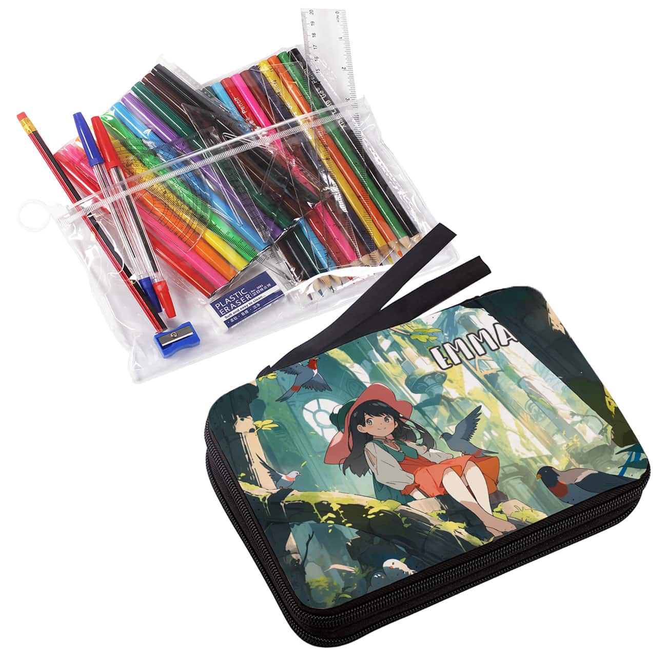 Anime-Federmappe mit Füllung bedruckt mit einer kleinen Hexe vor alten Dschungelruinen