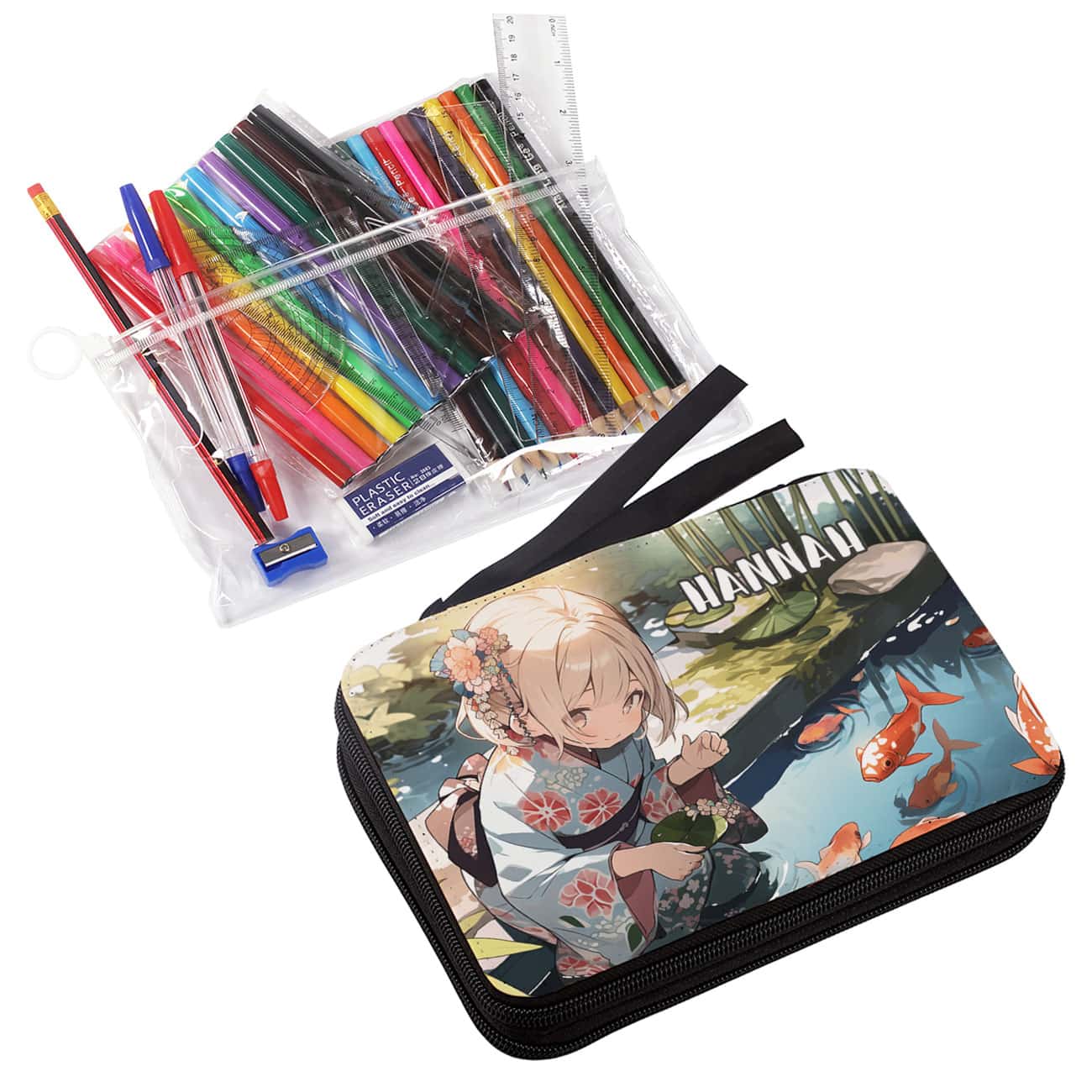 Süße Kinder-Federmappe mit Füllung bedruckt mit einem Mädchen im Kimono am Koi-Teich und Name