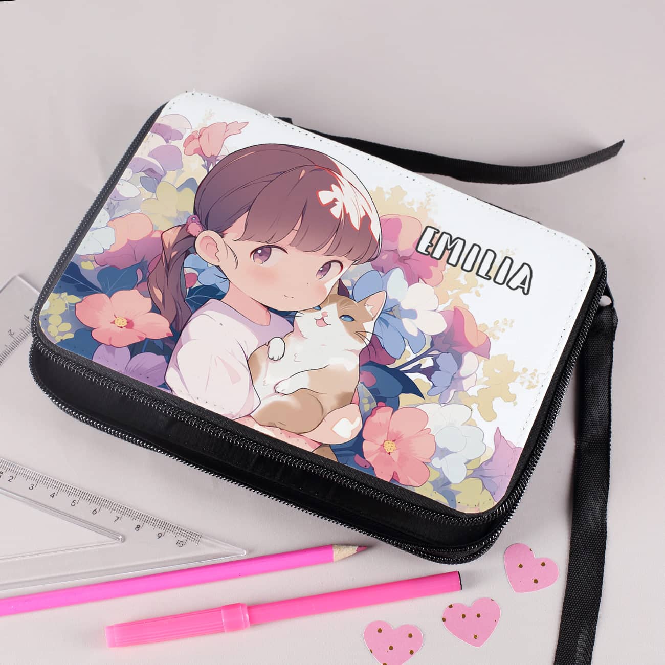 Hübsche Federmappe mit Blüten und Mädchen mit Katze