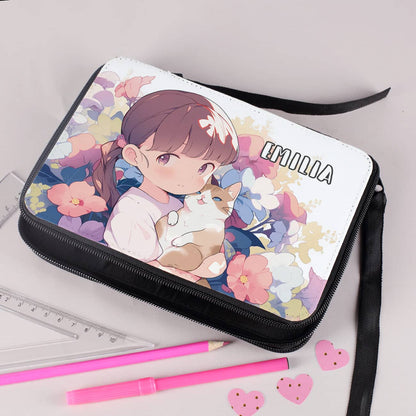 Hübsche Federmappe mit Blüten und Mädchen mit Katze