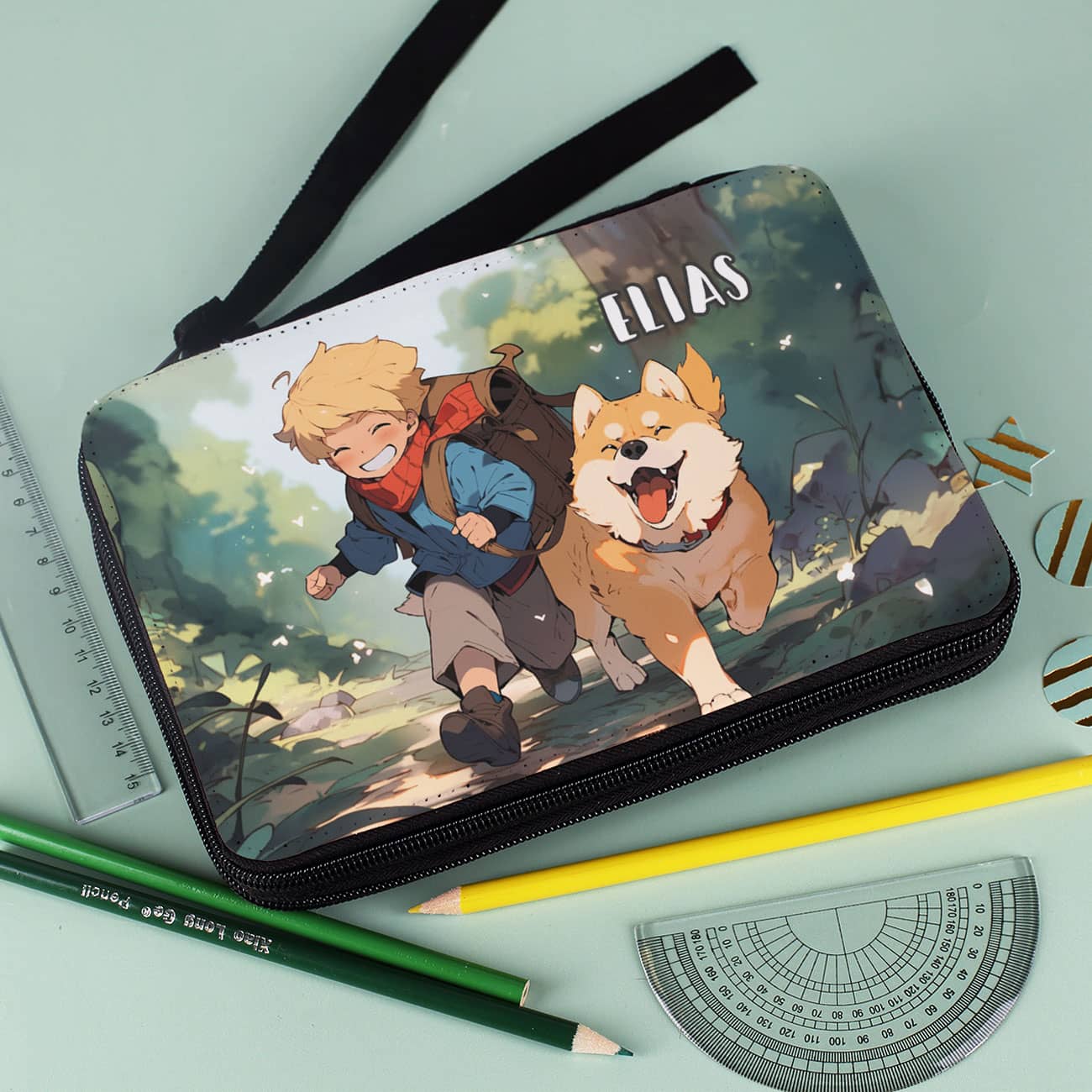 Gefüllte Federmappe - Aufbruch zum Abendteuer - mit kleinem Jungen, Hund und Name