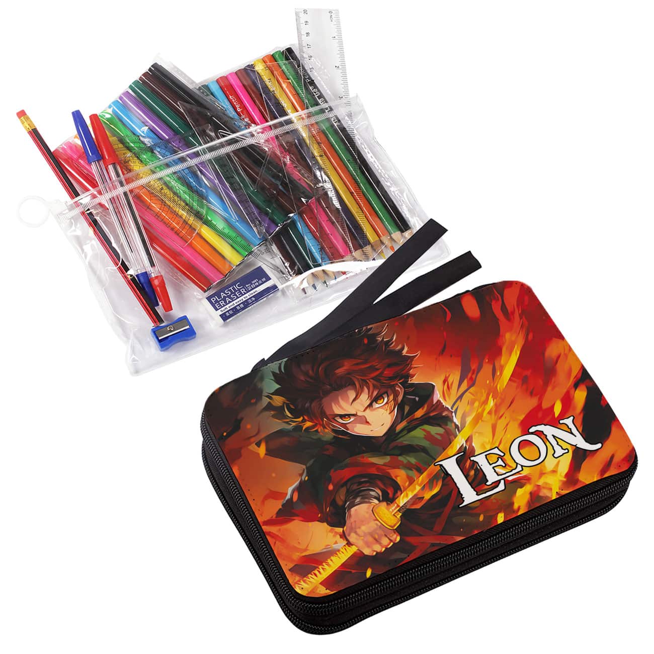 Gefüllte Federmappe mit Anime-Krieger, Flammen und Ihrem Wunschnamen