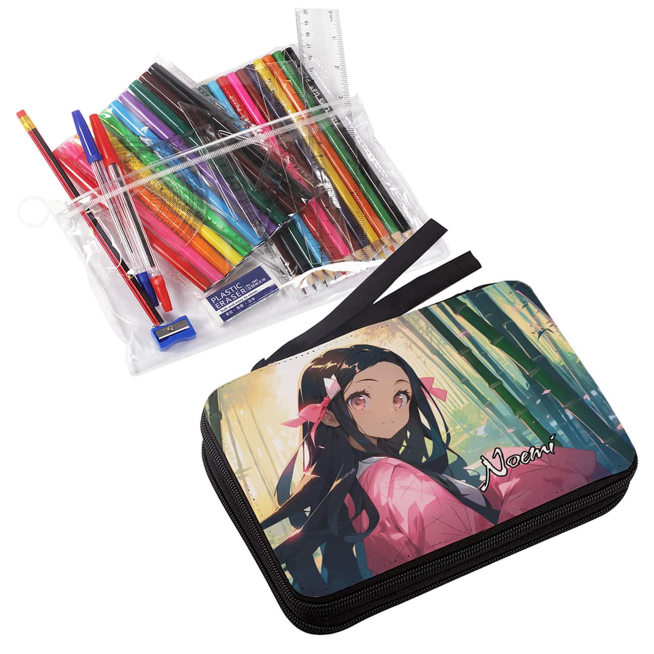 Anime Federmappe mit niedlichen Mädchen im Baumbuswald und Wunschname