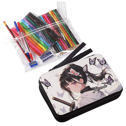 Anime Federmappe mit hübscher Schwertkämpferin, Schmetterlingen und Ihrem Wunschnamen