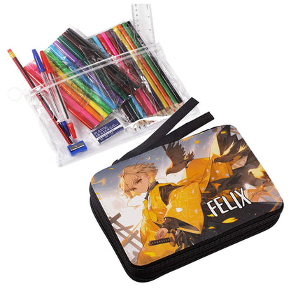 Gefüllte Federmappe zum Schulstart mit epischen Schwertkämpfer und Wunschname