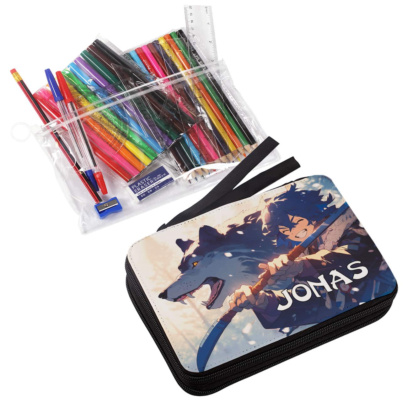 Federmappe für Anime-Fans mit Schwertkämpfer, Wolf und Wunschname