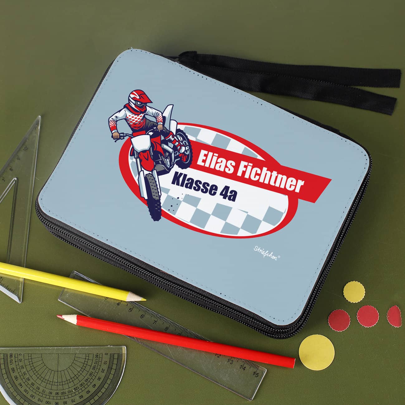 Mit dem Namen bedruckte Federmappe für Motorradfans