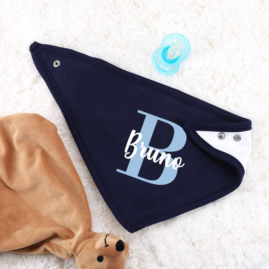 Halstuch für Babys in Dunkelblau mit Name und Initial nach Wunsch bedruckt