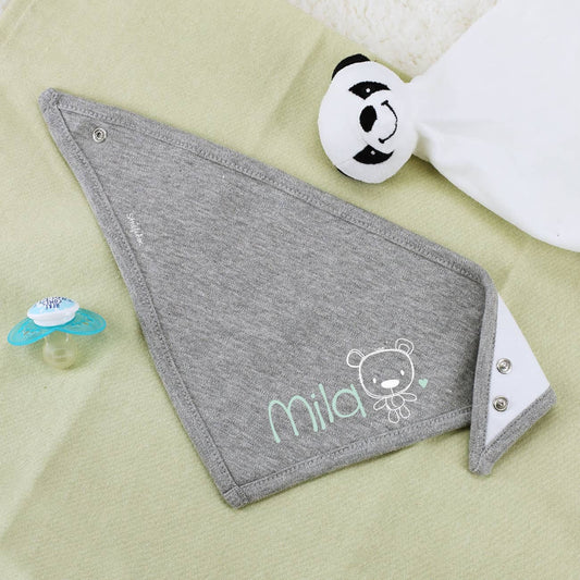 Graues Baby-Bandana mit Teddy und Name bedruckt