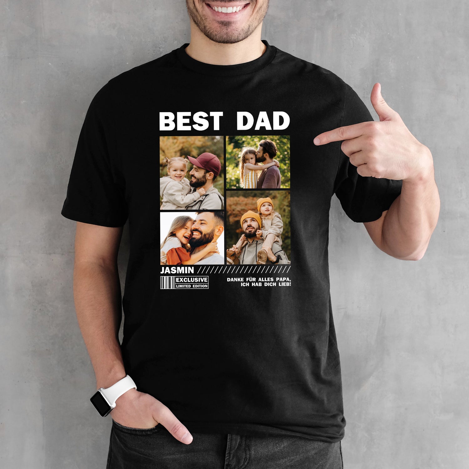 Schwarzes T-Shirt mit Aufdruck BEST DAD, vier Fotos mit Kind und Papa, Text: Danke für alles Papa – personalisierbar zum Vatertag oder Geburtstag
