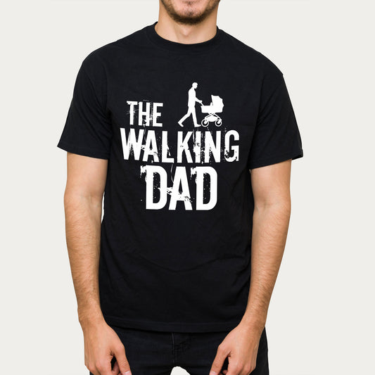 Schwarzes T-Shirt mit Aufdruck „The Walking Dad“ – Papa mit Kinderwagen, frontal dargestellt