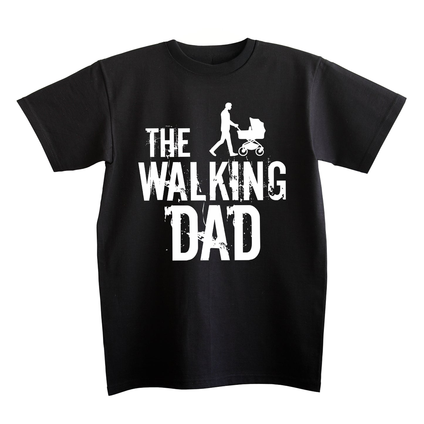Detailansicht des Shirt-Designs „The Walking Dad“ mit Vater und Kinderwagen Motiv, Nahaufnahme
