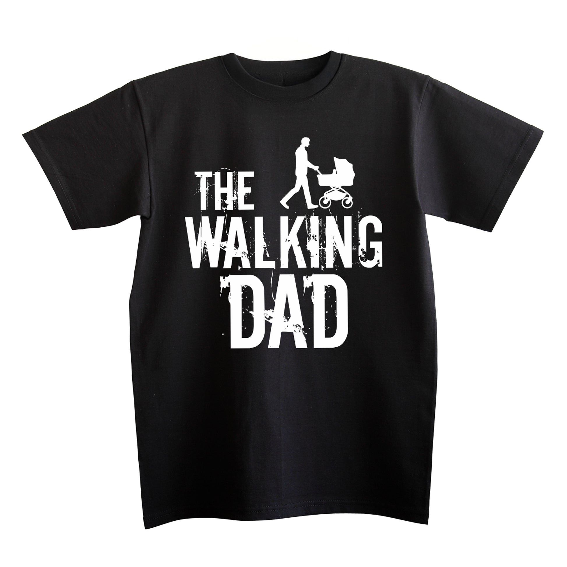 Detailansicht des Shirt-Designs „The Walking Dad“ mit Vater und Kinderwagen Motiv, Nahaufnahme
