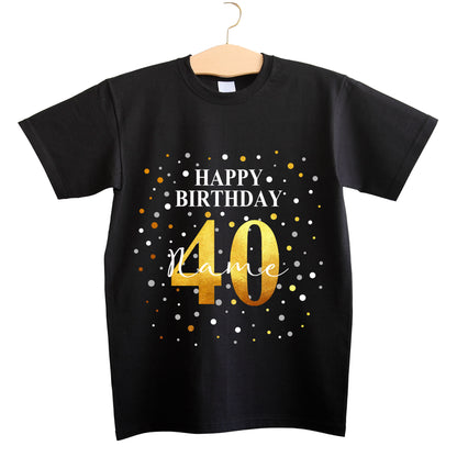 Schwarzes T-Shirt mit goldener 40 und Konfetti, Name individuell personalisierbar