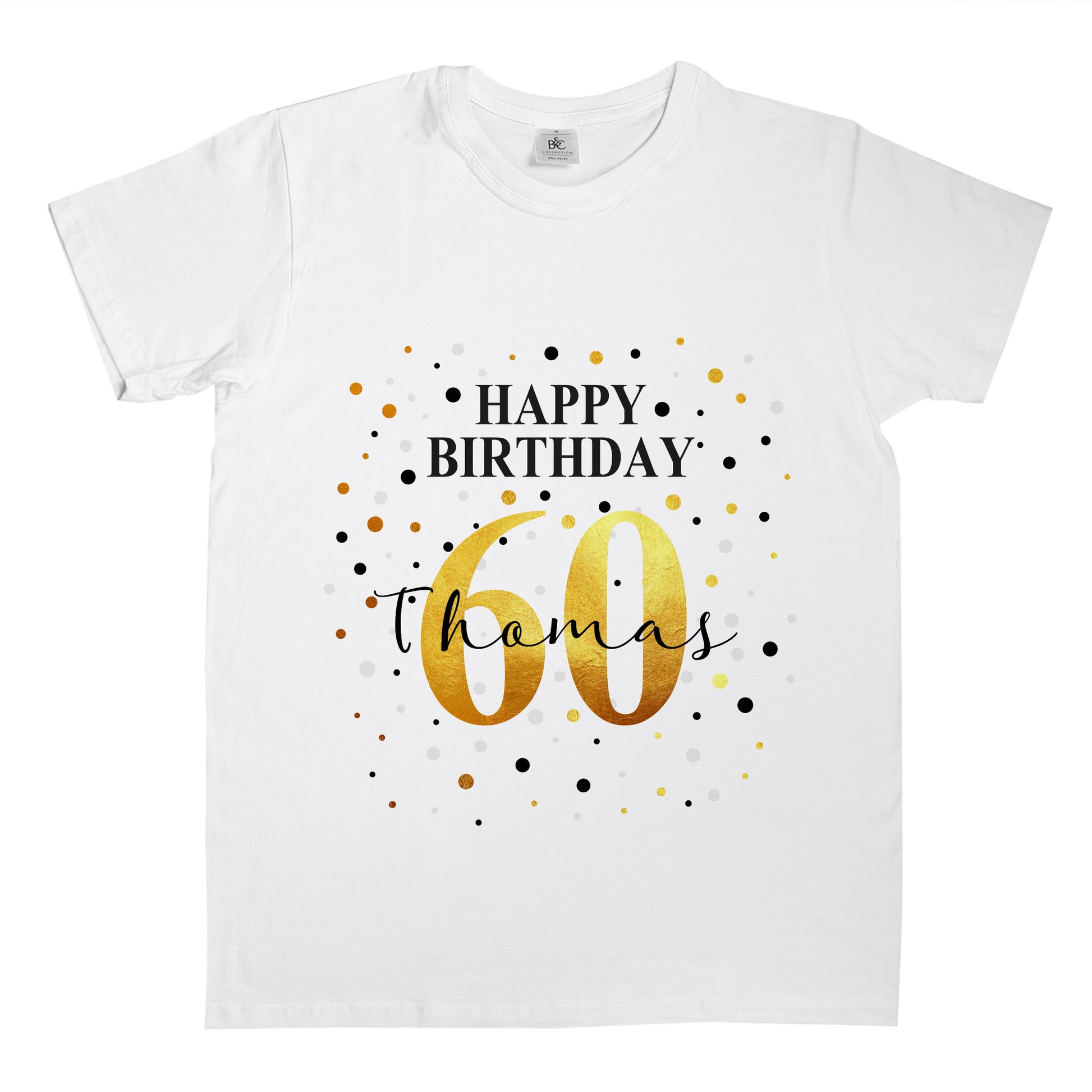 T-Shirt mit Geburtstags-Motiv & Schriftzug "Happy Birthday" personalisiert mit Alter & Name freigestellt auf weißem Hintergrund
