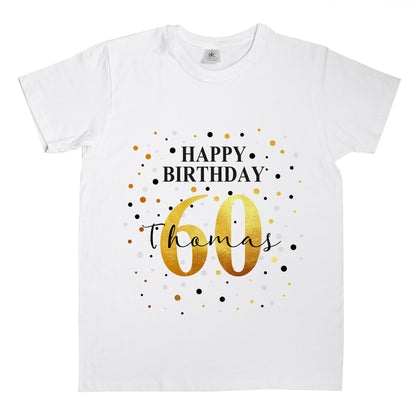 T-Shirt mit Geburtstags-Motiv & Schriftzug "Happy Birthday" personalisiert mit Alter & Name freigestellt auf weißem Hintergrund