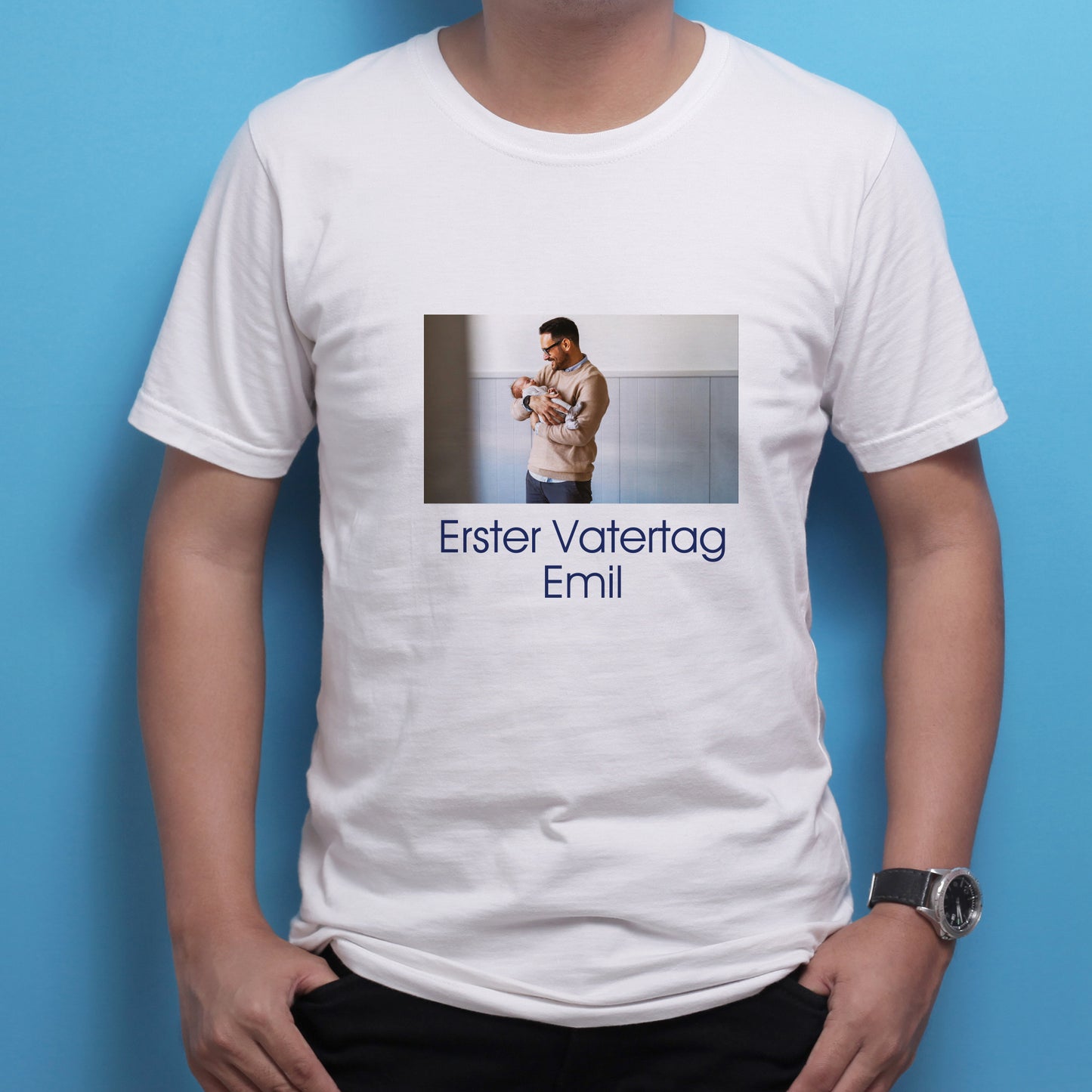 Detailansicht des Fotomotivs und Wunschtexts auf der Vorderseite des Shirts.