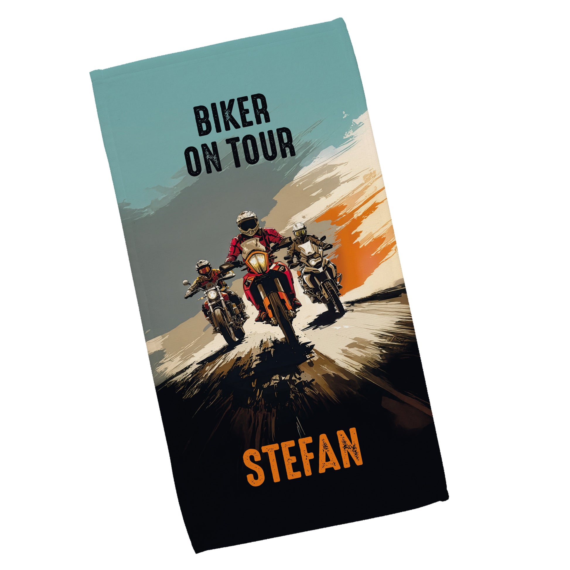 Biker-Handtuch mit Aufschrift „Biker on Tour“, zwei Zeilen Wunschtext und Name Stefan, zusammengelegt