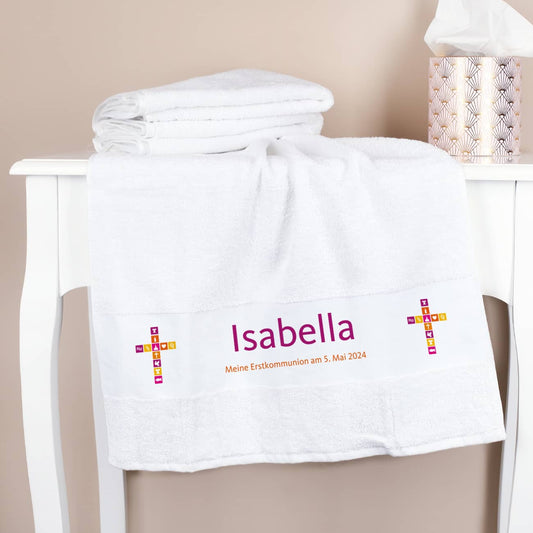 Handtuch zur Taufe, Kommunion, Konfirmation mit Kreuz, Name und Wunschtext