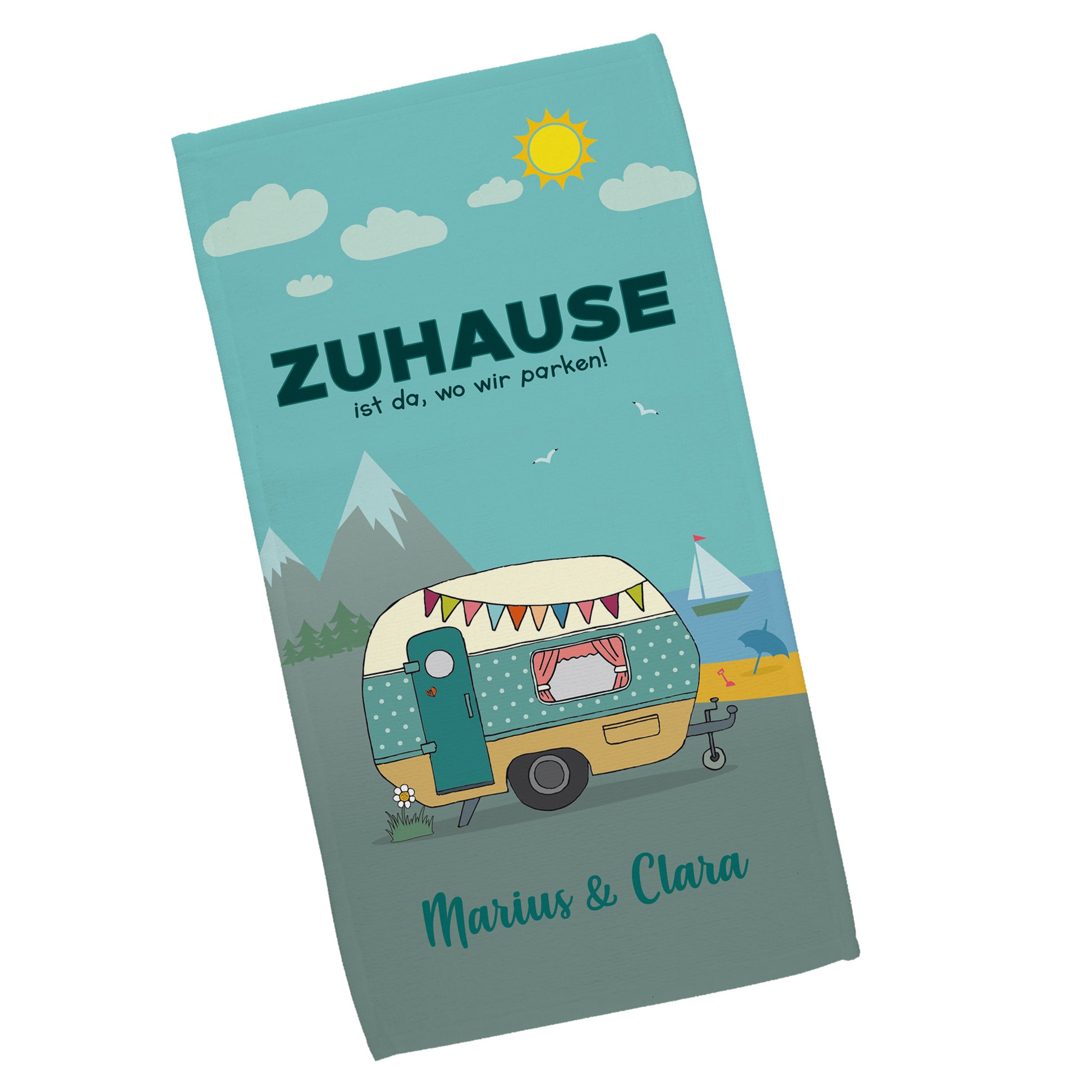 Handtuch Camping mit Wohnwagen-Motiv und Wunschtext unter dem Motiv