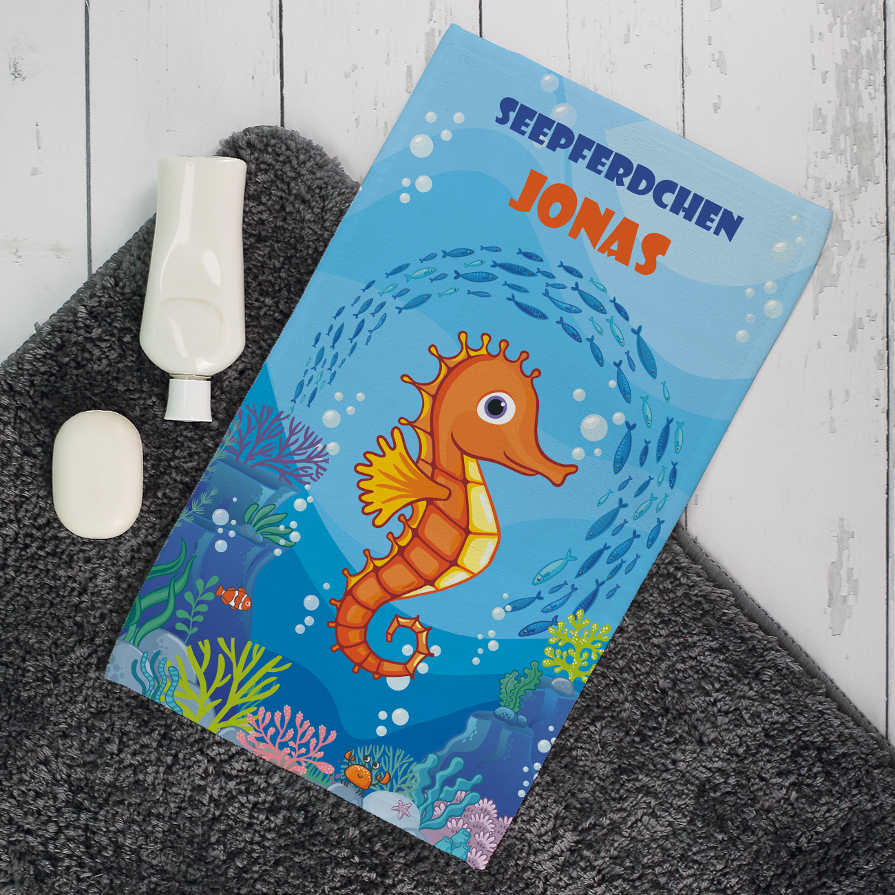 Seepferdchen - Badetuch mit Name und Wunschtext in 3 verschiedenen Größen