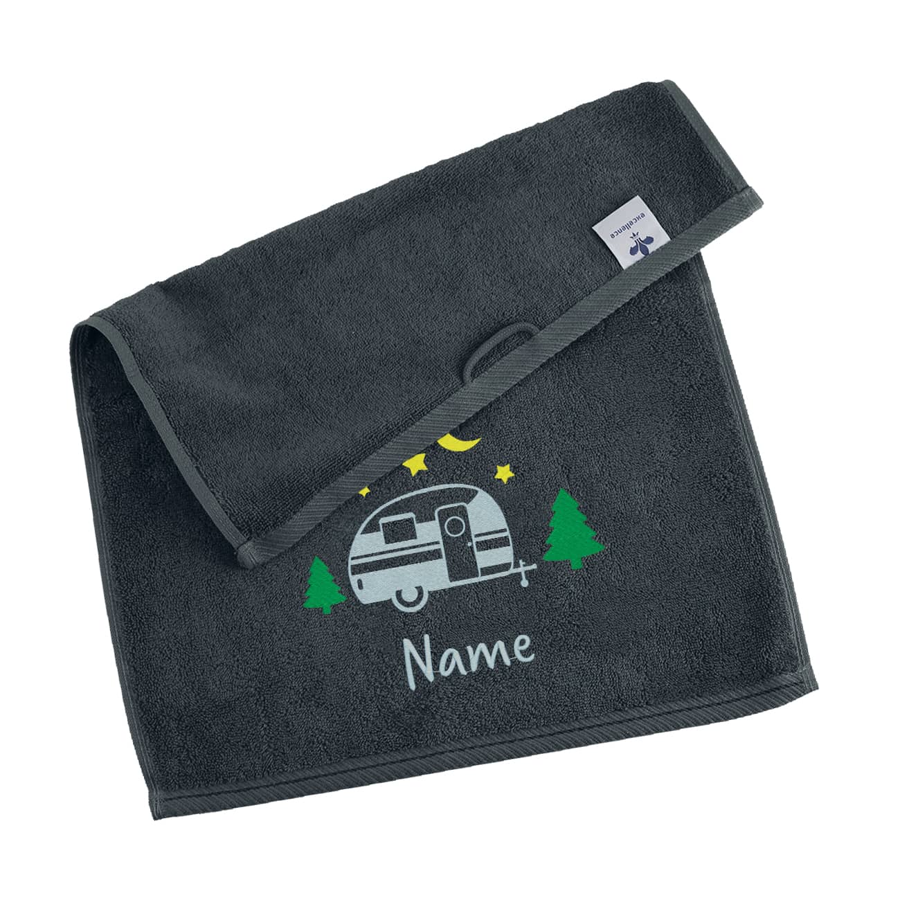 Camper Gästehandtuch mit Wohnwagen und Name bestickt