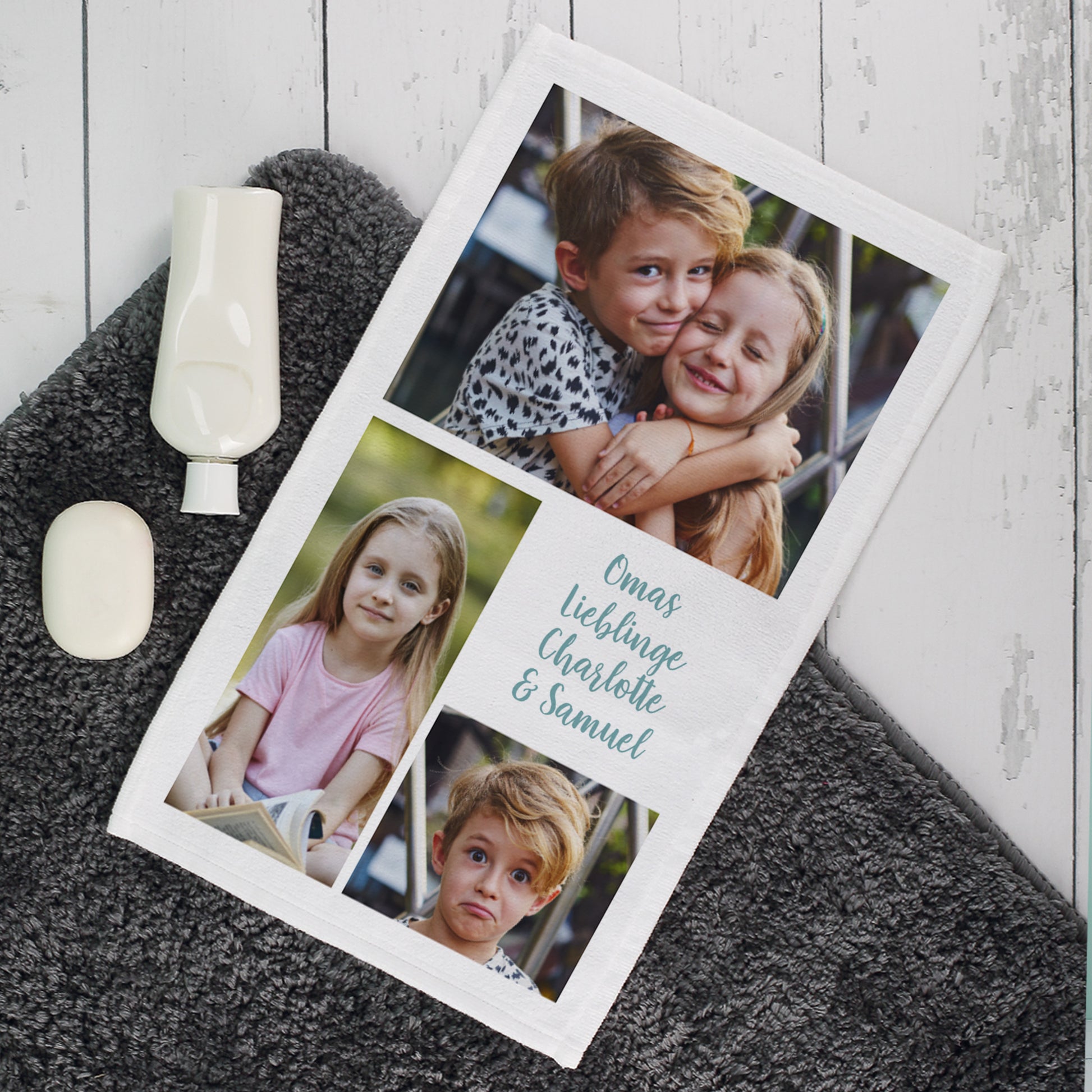 Kompaktes Gästehandtuch mit individuell gestaltetem Foto und Wunschtext, detailreich dargestellt.