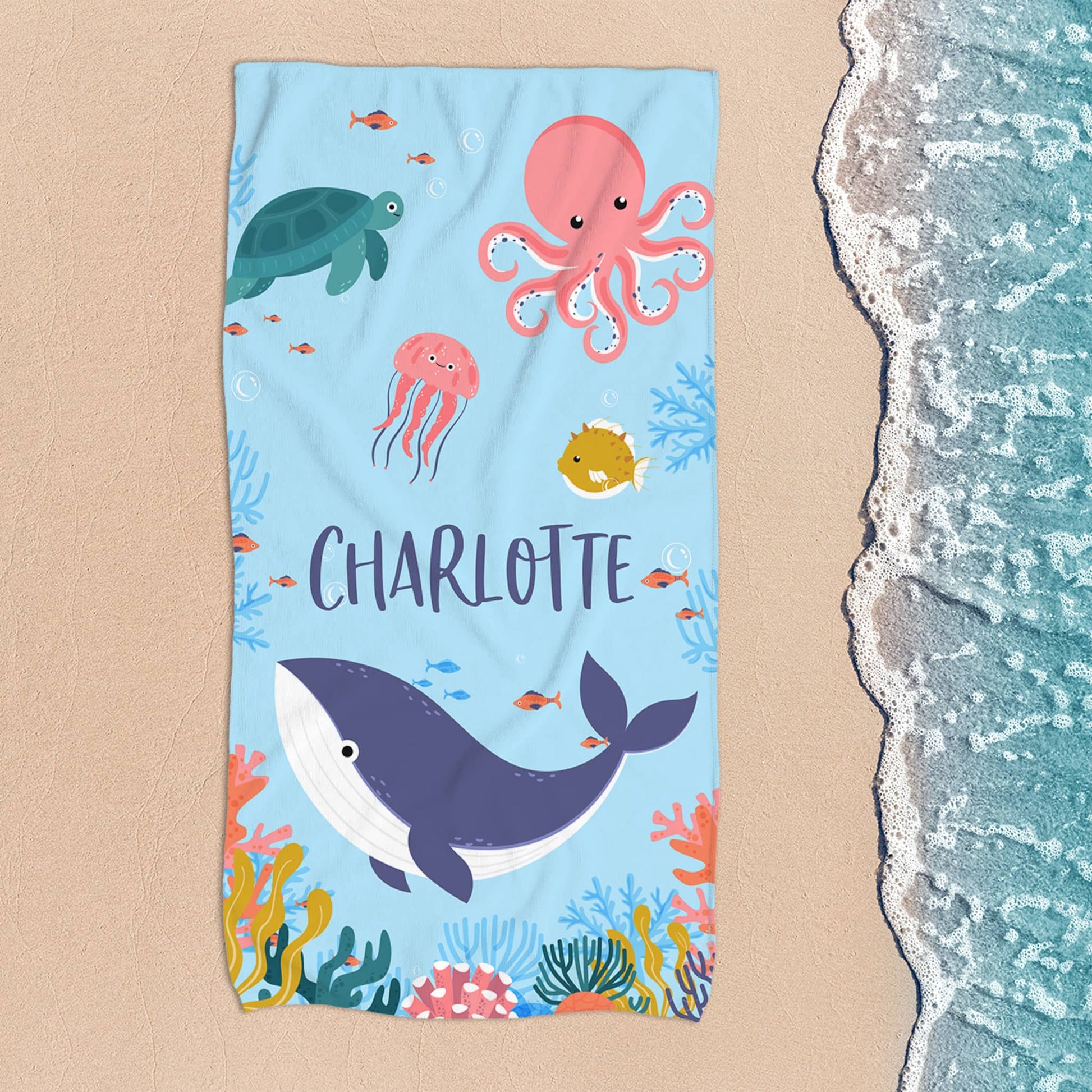 Handtuch für Kinder mit Meerestieren & Name nach Wunsch bedruckt