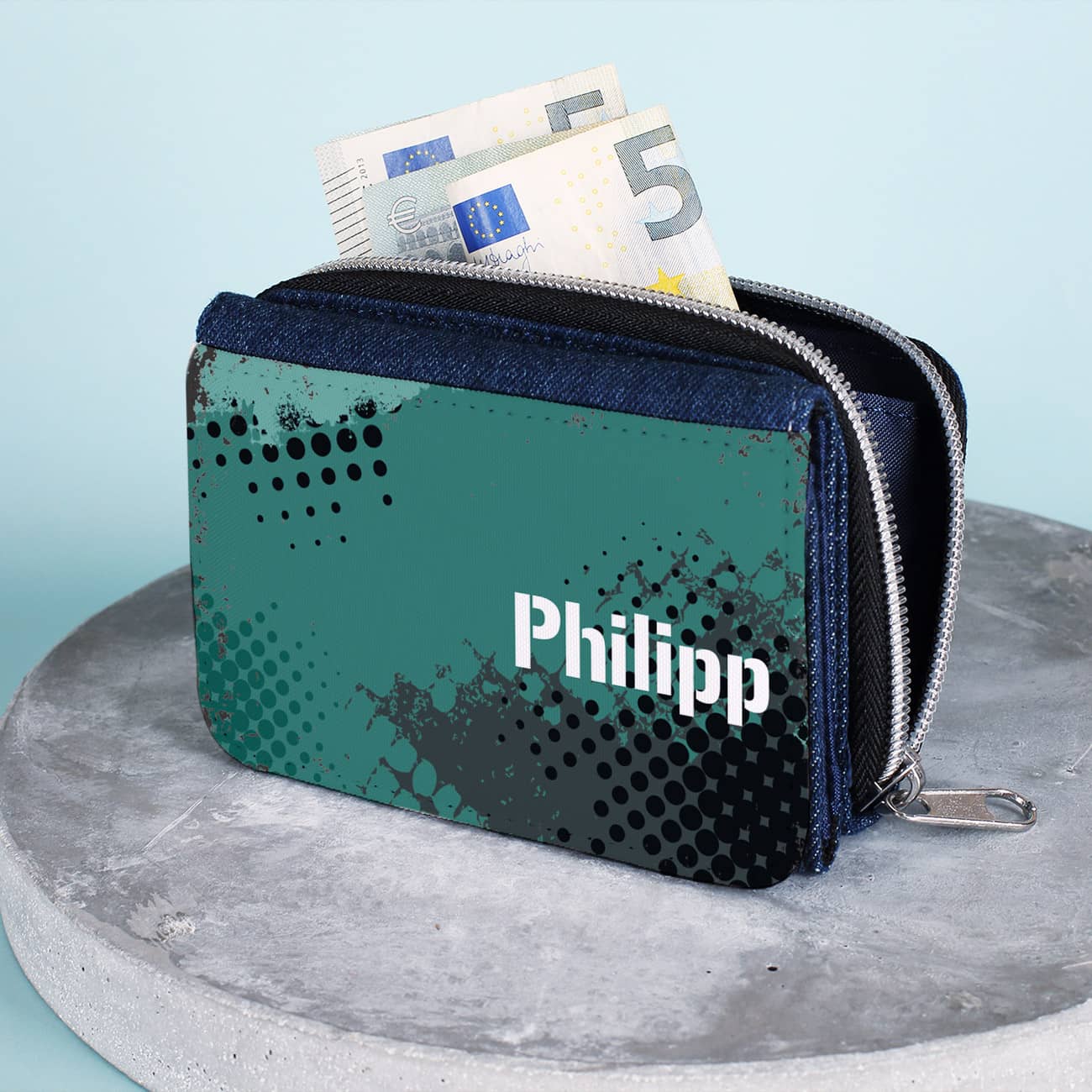 Jeansgeldbörse für Kinder mit grünem Motiv und Name